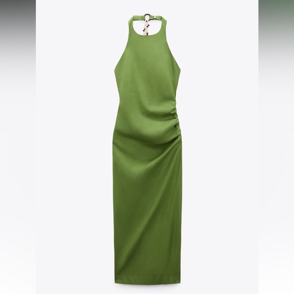 Zara MACRAMÉ BACK LINEN BLEND HALTER DRESS. Light Green. Size L. New with Tags. - Picture 2 of 5